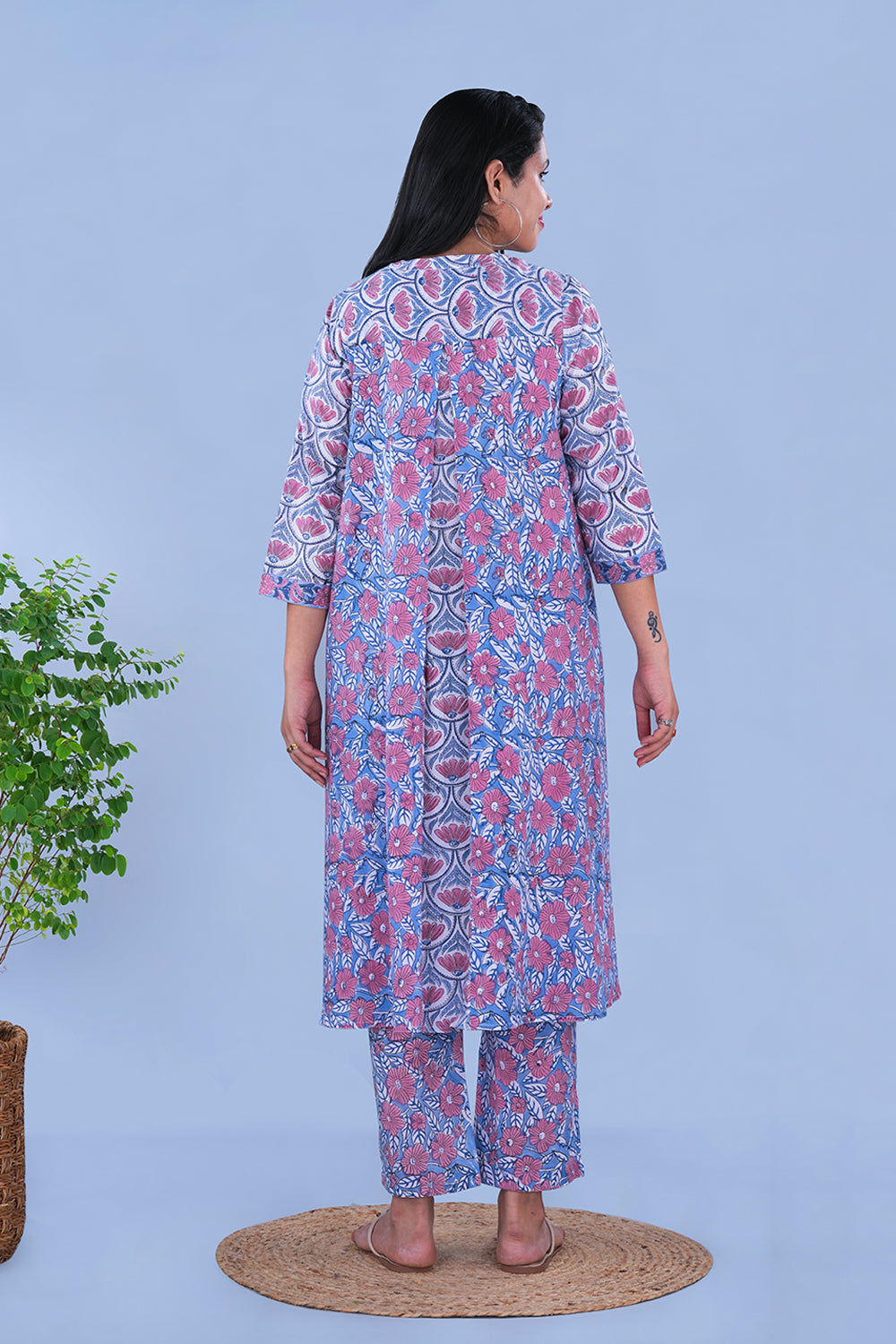 Image of Blue block printed embroidered cotton Kurta and pants set