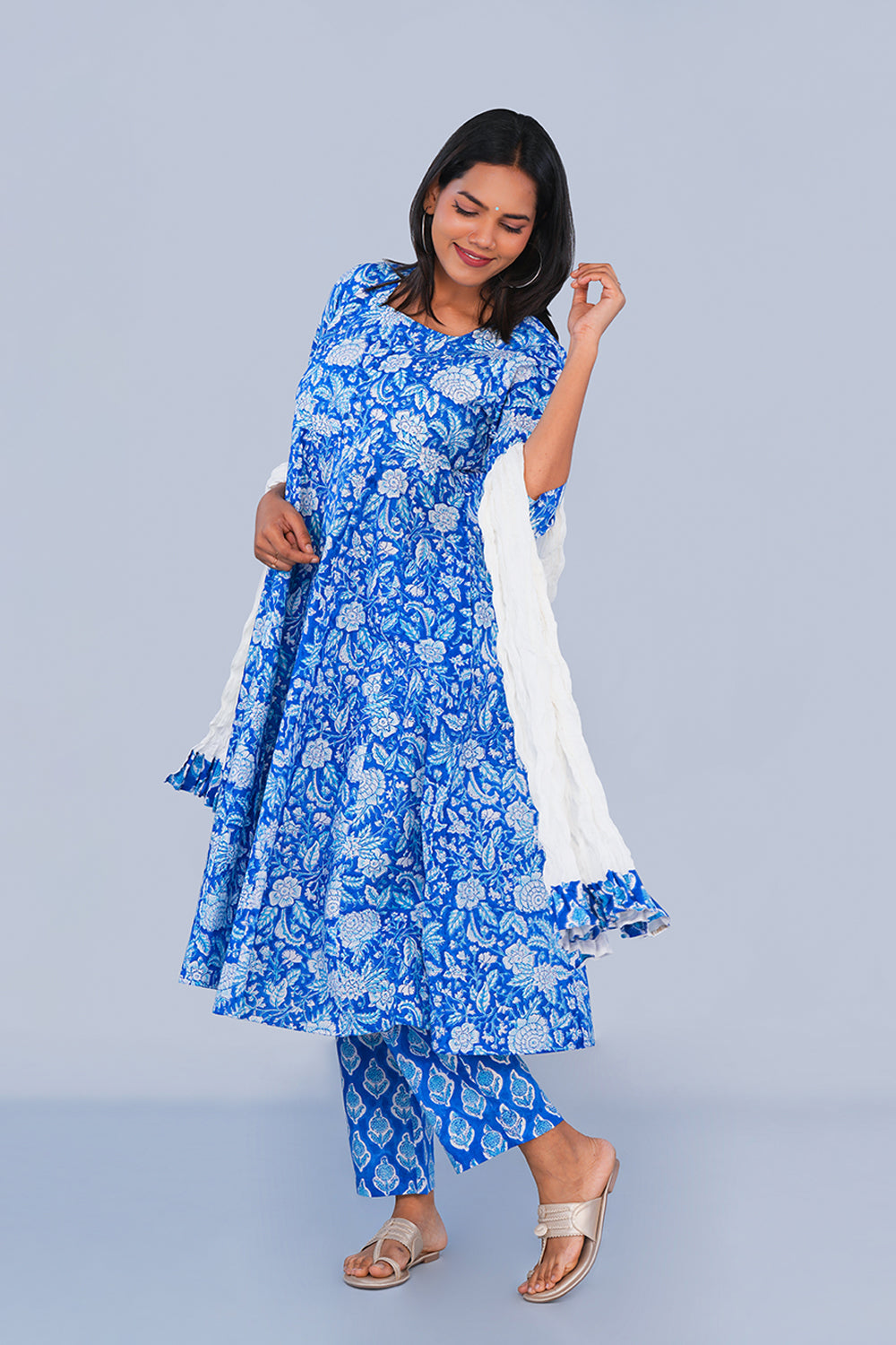 Image of Indigo Blue floral Sanganeri block printed cotton Set