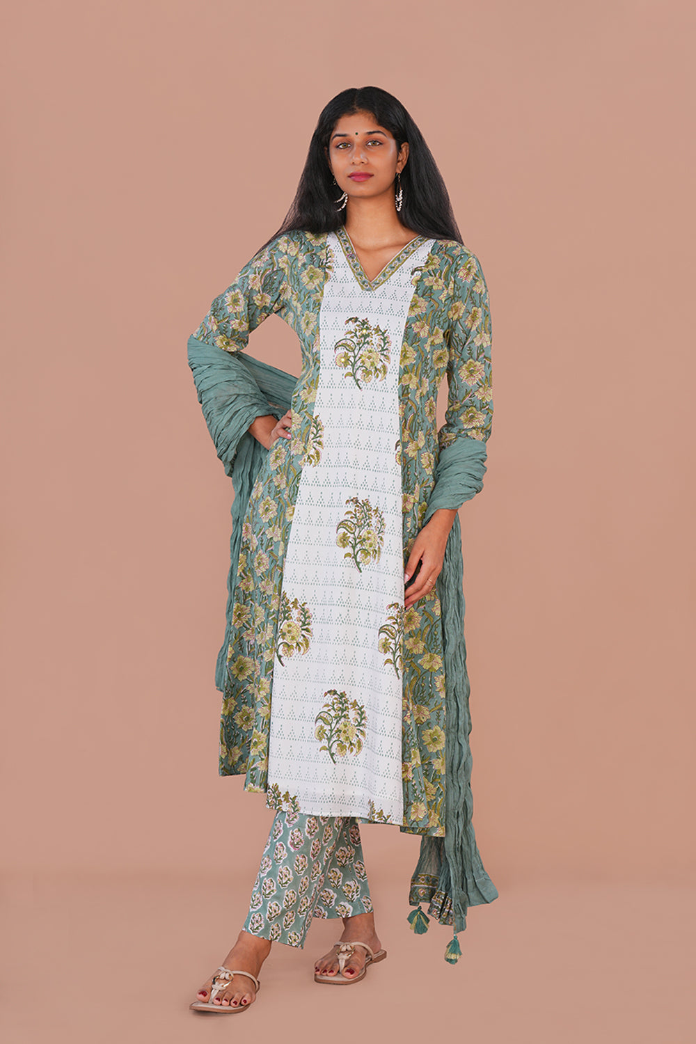Image of Emerald Green Sanganeri block printed cotton Set
