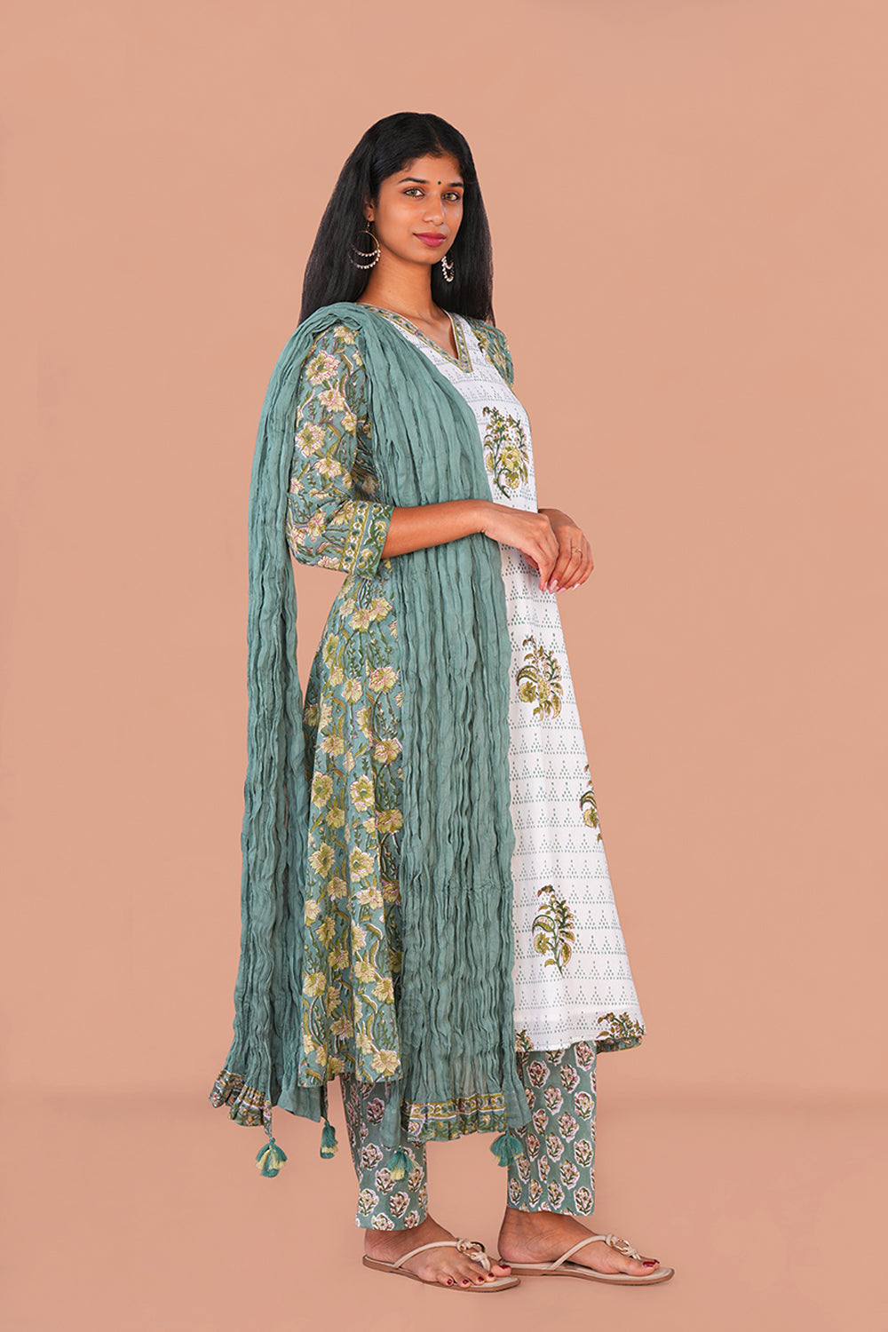 Image of Emerald Green Sanganeri block printed cotton Set