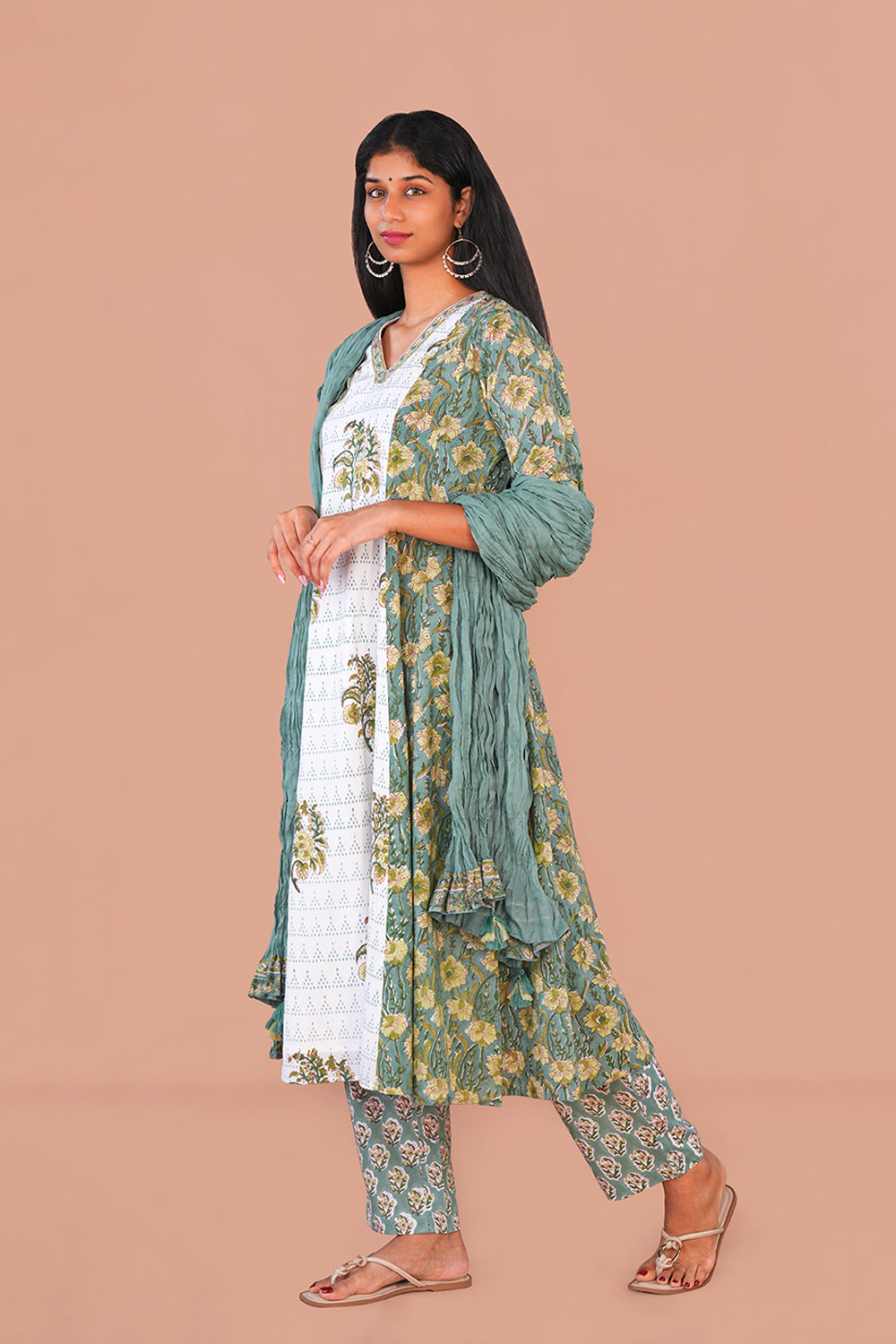 Image of Emerald Green Sanganeri block printed cotton Set