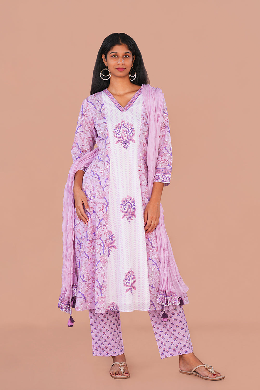 Image of Lilac pink floral Sanganeri block printed cotton Set