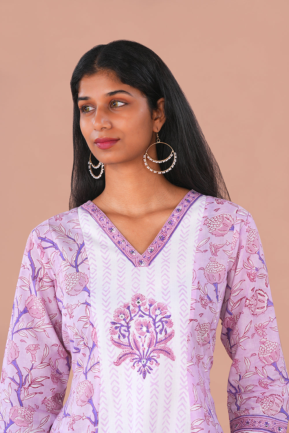 Image of Lilac pink floral Sanganeri block printed cotton Set