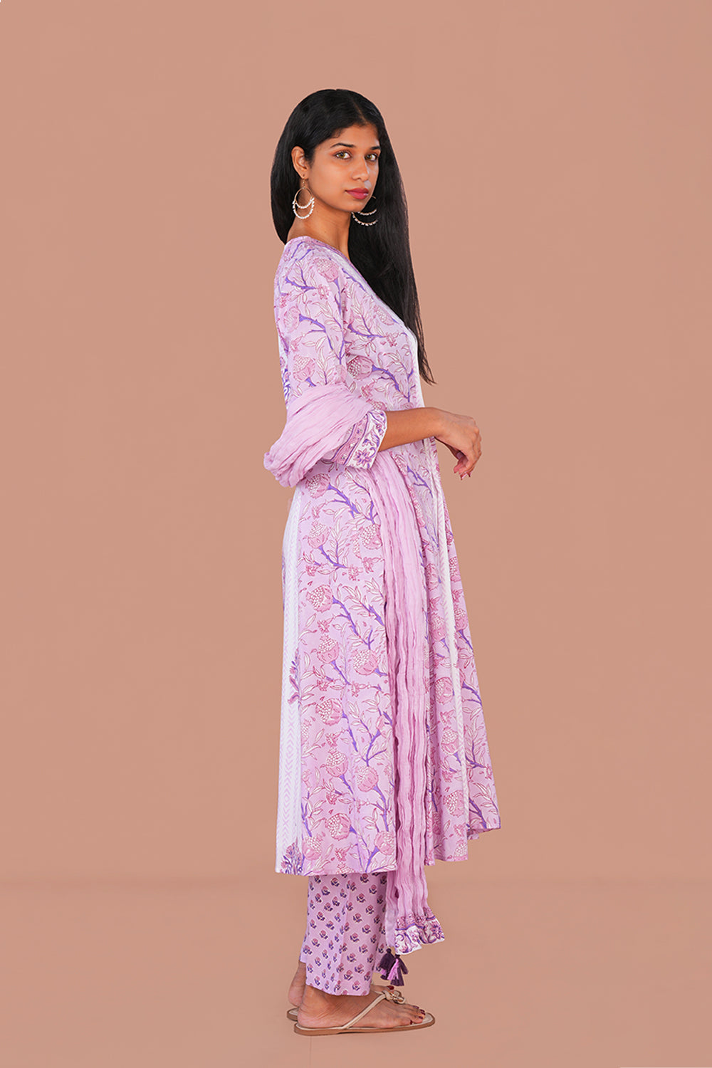 Image of Lilac pink floral Sanganeri block printed cotton Set