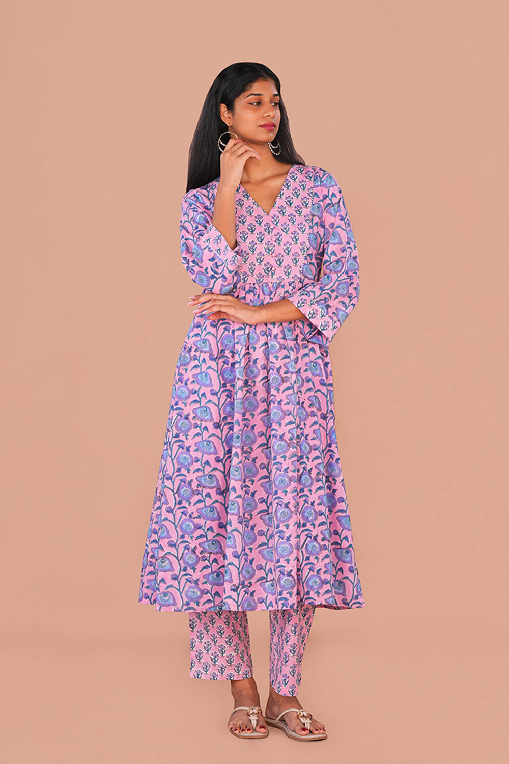 Image of Blush Pink Sanganeri block printed cotton Set