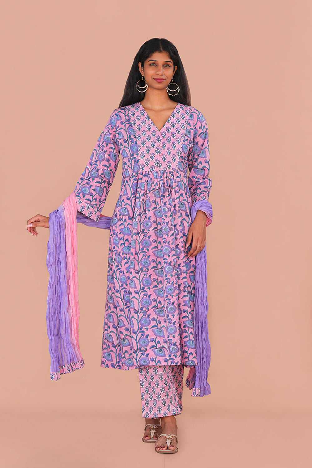 Image of Blush Pink Sanganeri block printed cotton Set