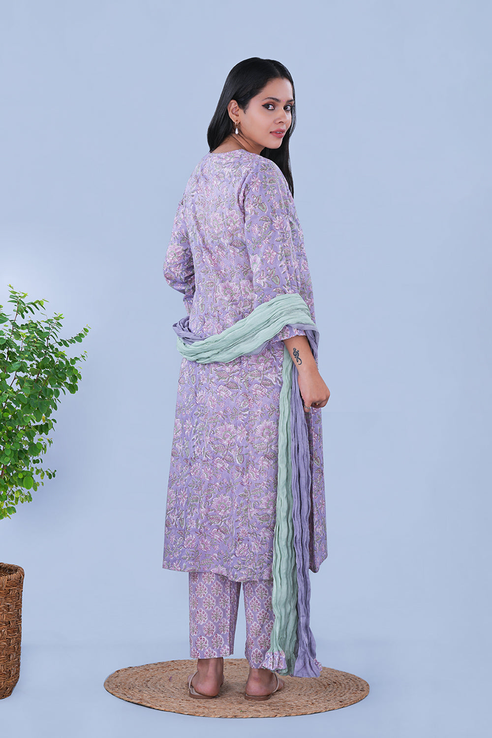 Image of Soft Lilac floral Sanganeri block printed cotton Set