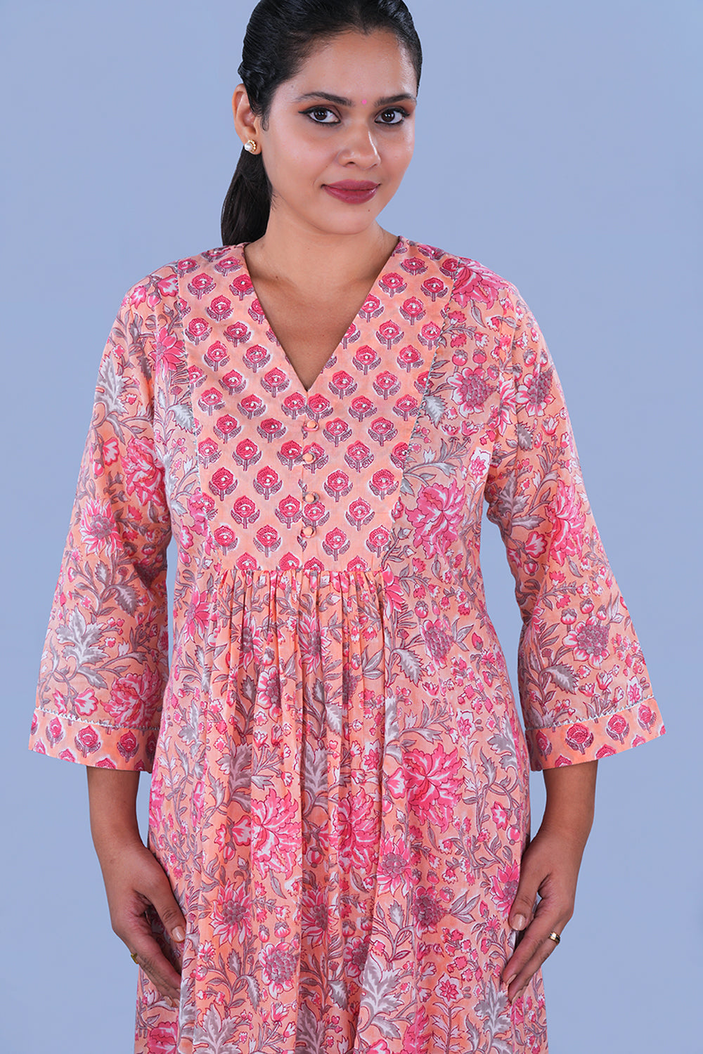 Image of Peach & Coral pink floral Sanganeri block printed cotton Set