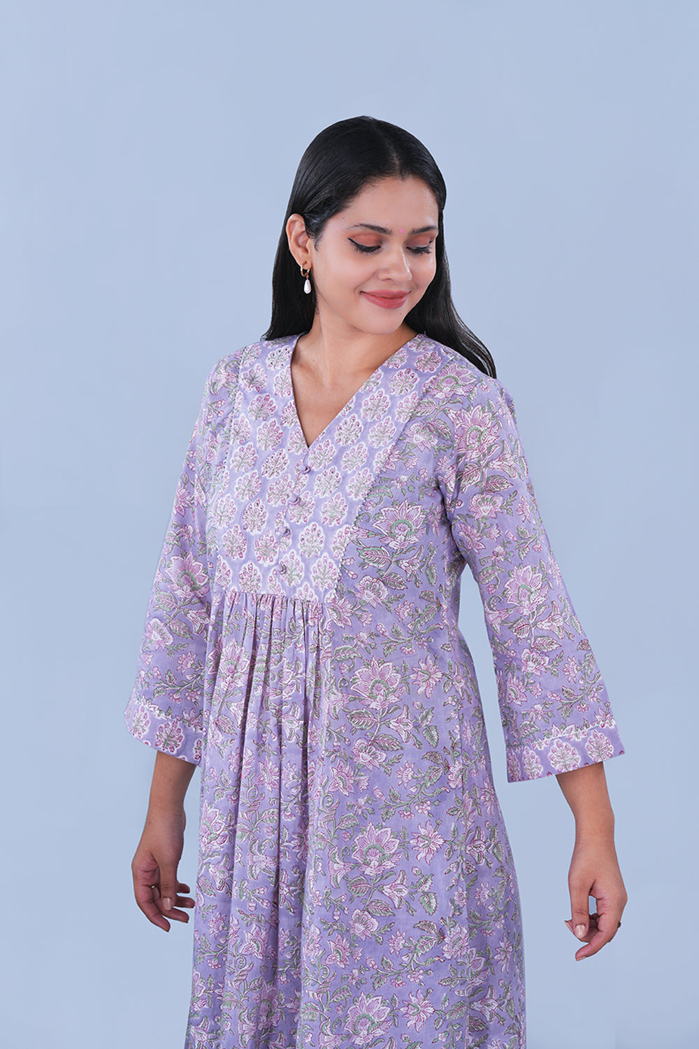 Image of Soft Lilac floral Sanganeri block printed cotton Set