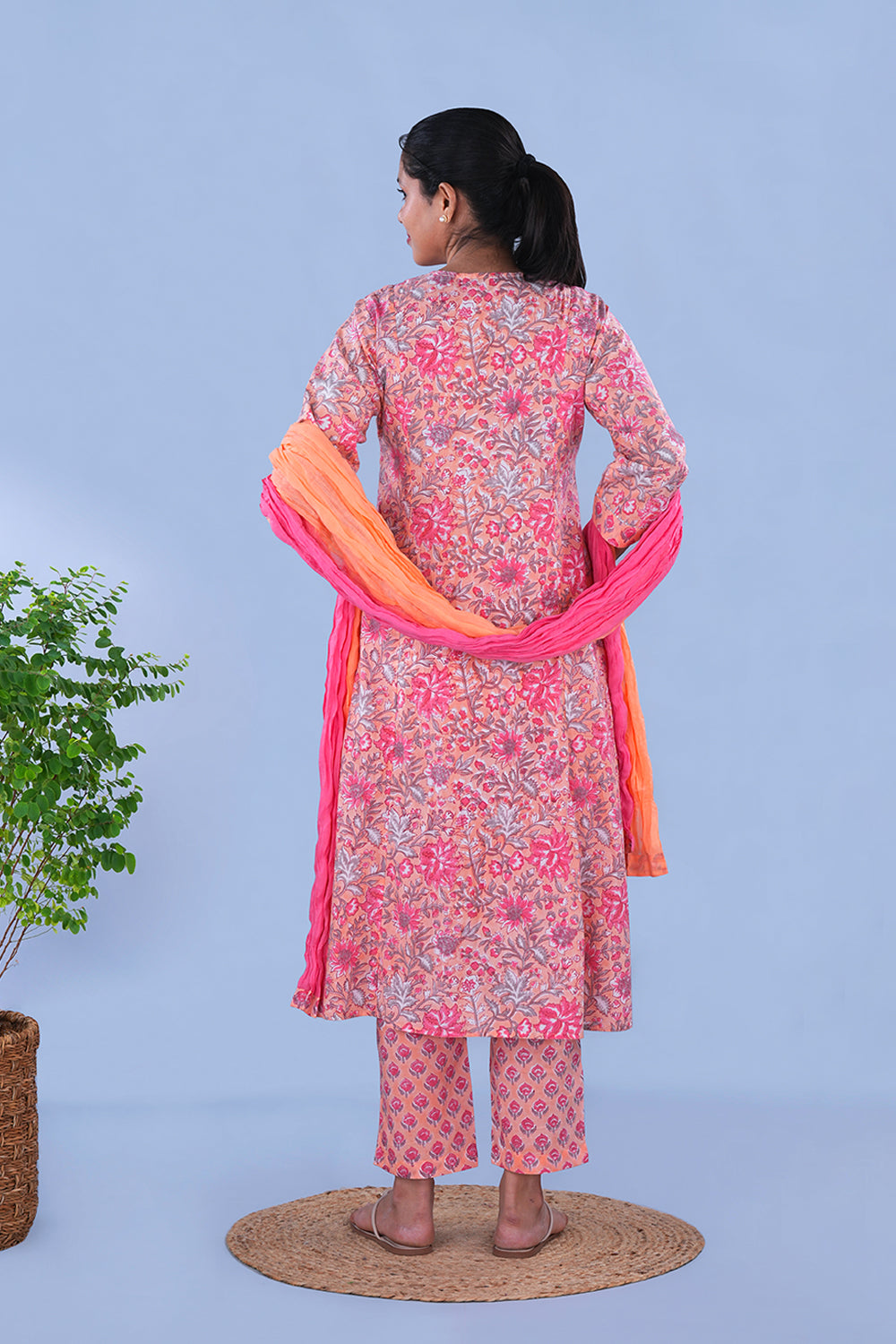 Image of Peach & Coral pink floral Sanganeri block printed cotton Set