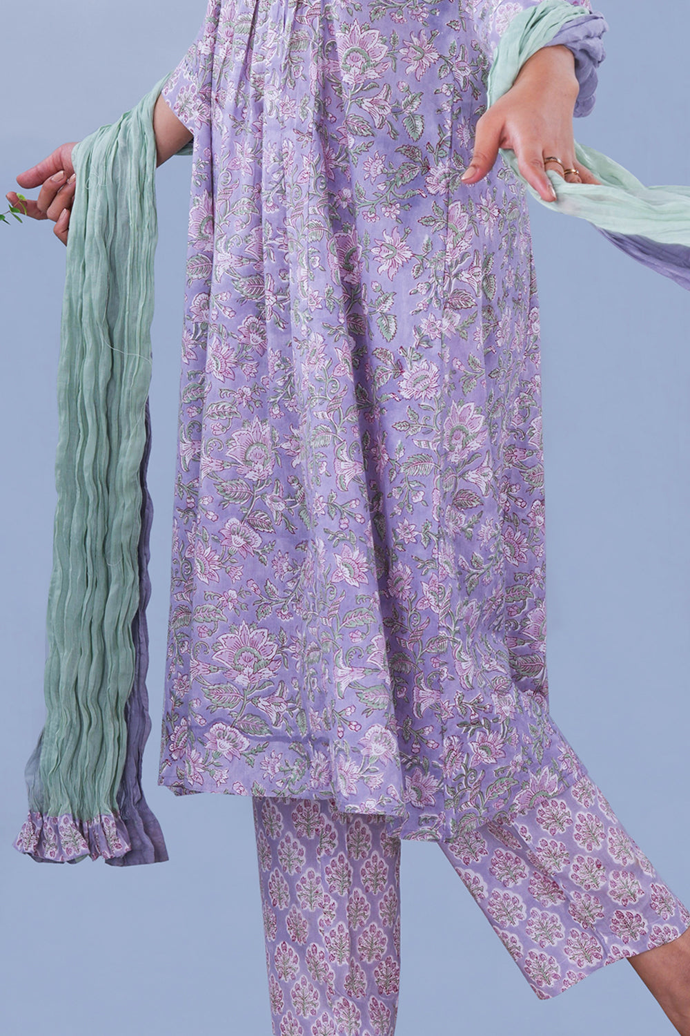 Image of Soft Lilac floral Sanganeri block printed cotton Set