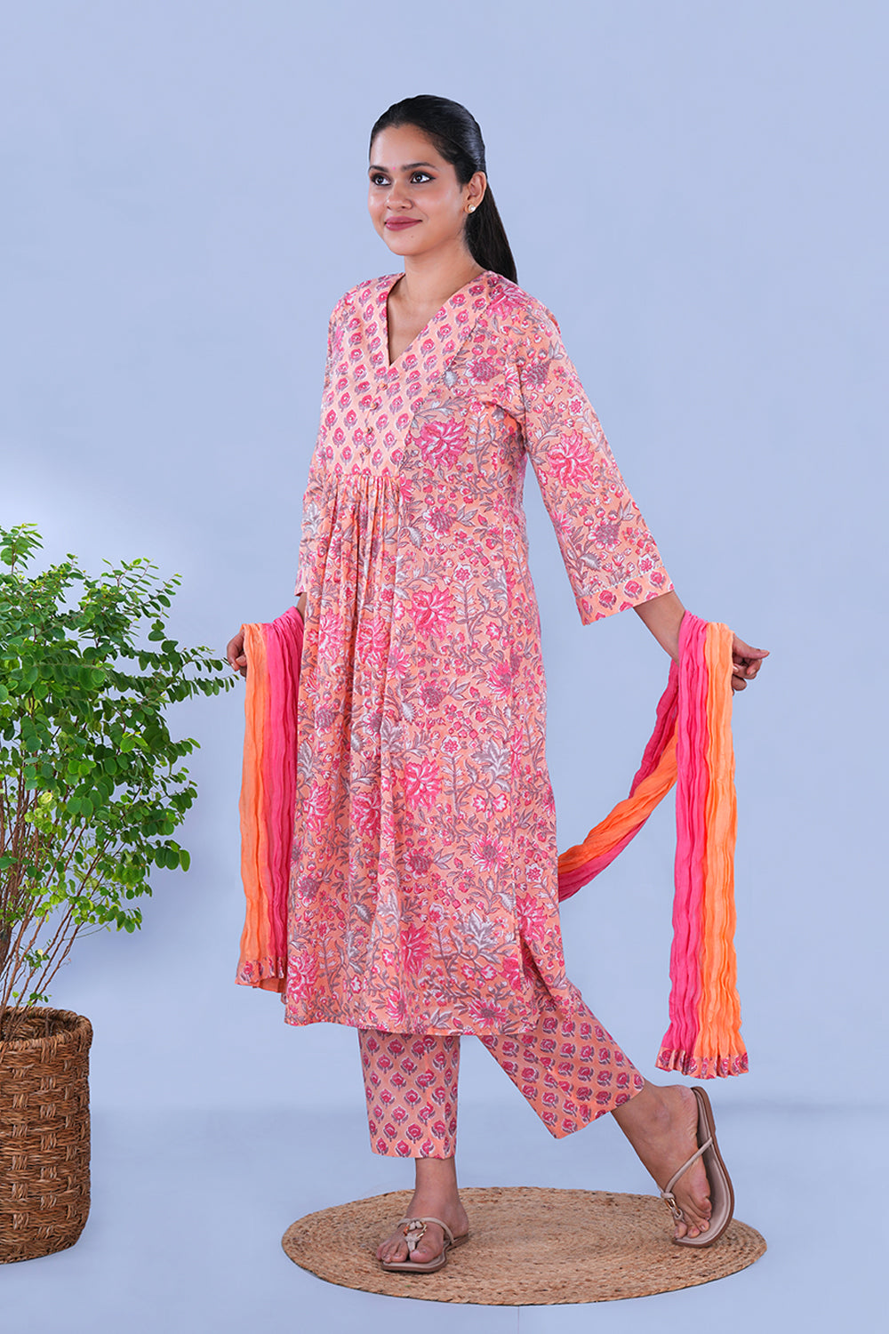 Image of Peach & Coral pink floral Sanganeri block printed cotton Set