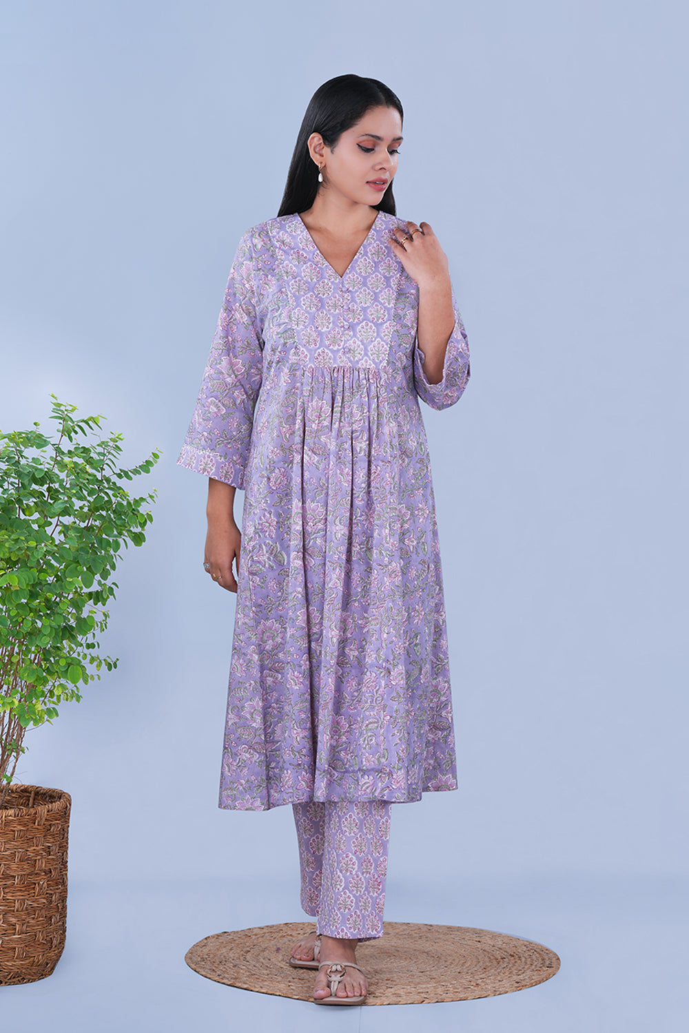 Image of Soft Lilac floral Sanganeri block printed cotton Set