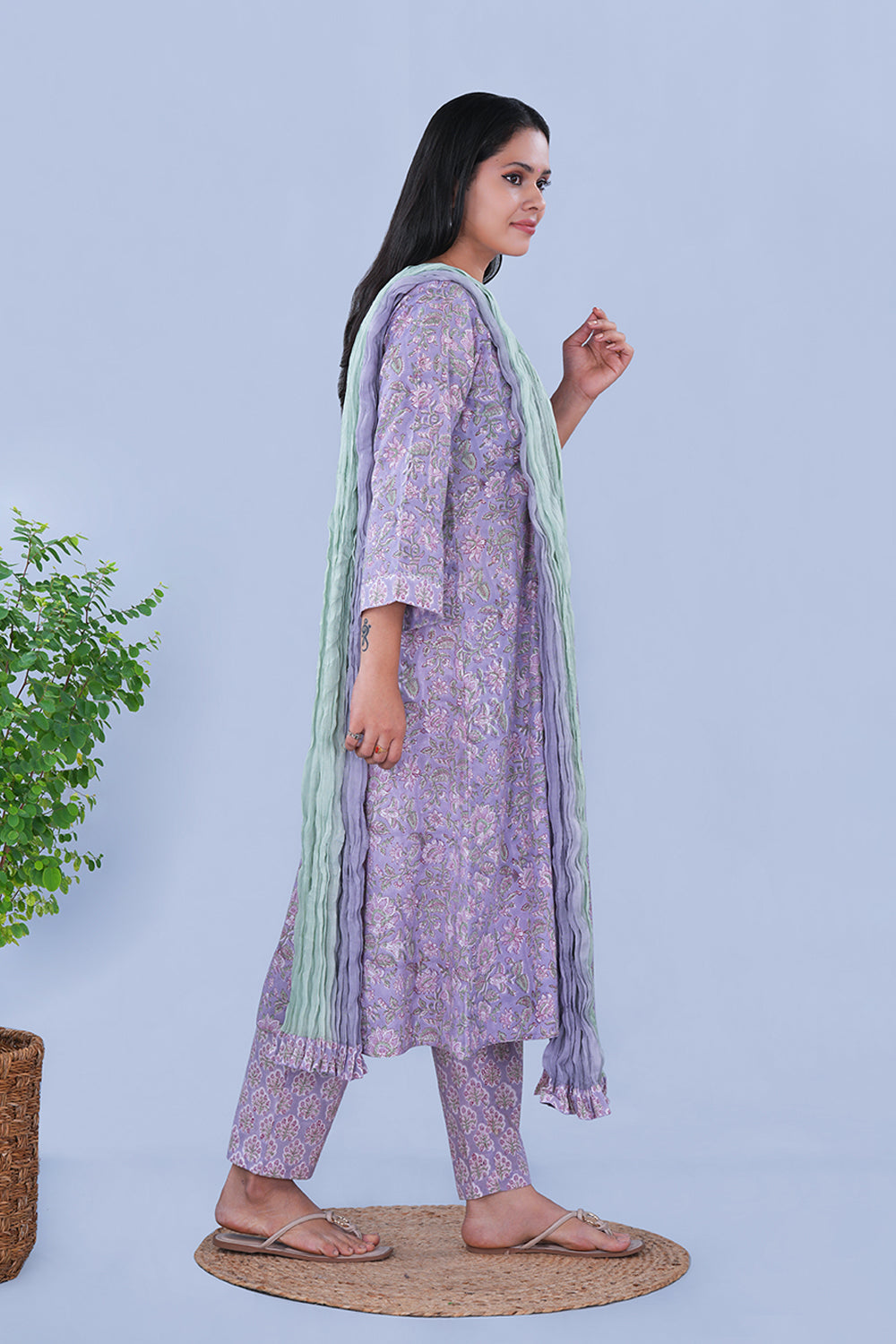 Image of Soft Lilac floral Sanganeri block printed cotton Set