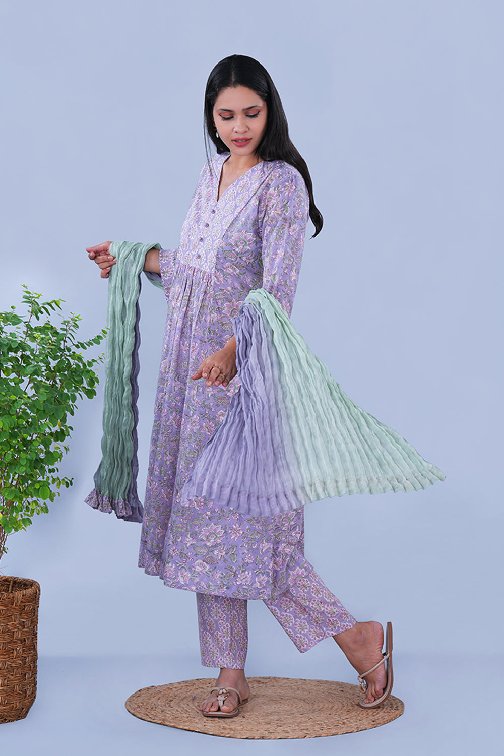 Image of Soft Lilac floral Sanganeri block printed cotton Set