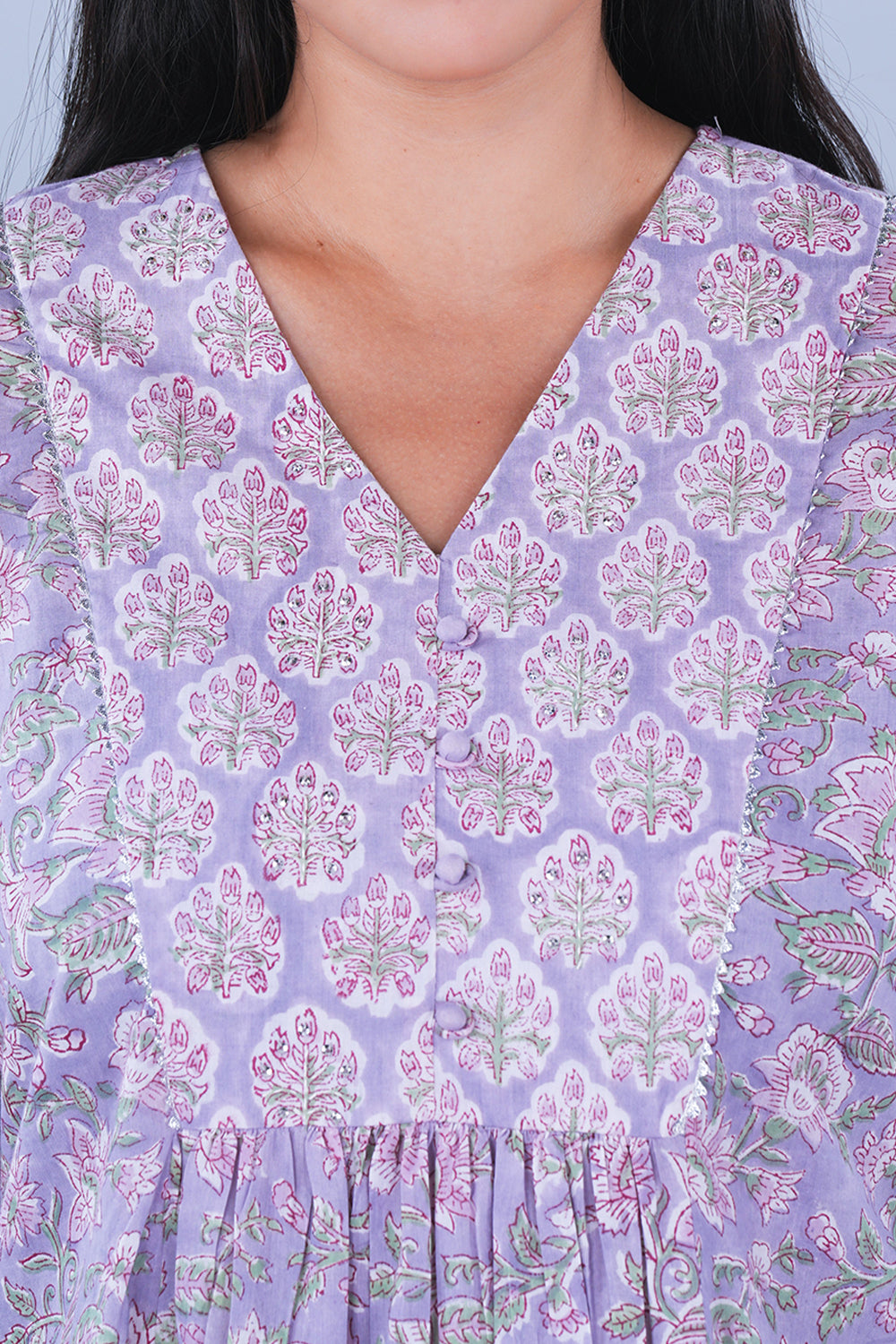 Image of Soft Lilac floral Sanganeri block printed cotton Set