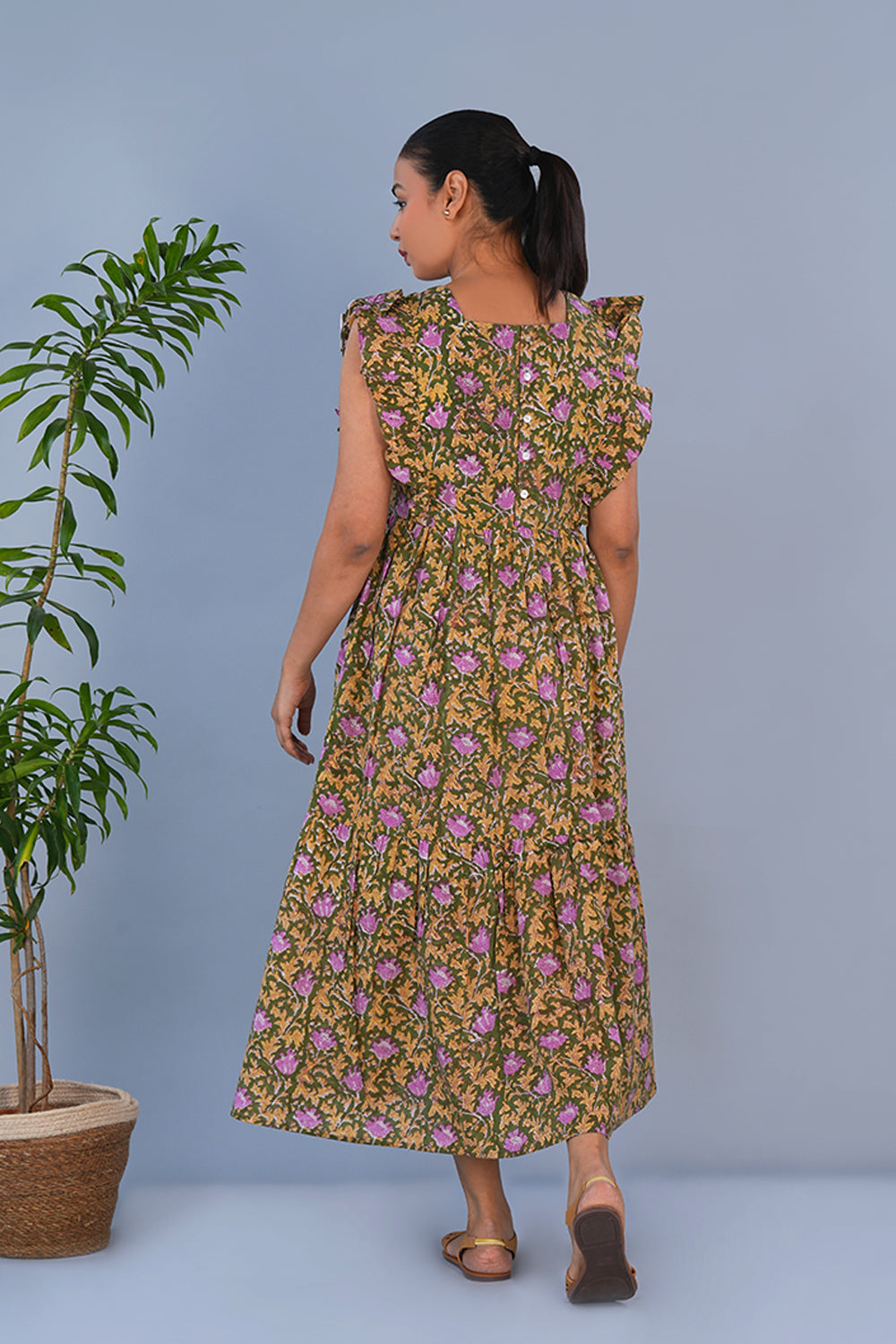 Image of Green Floral hand printed pure cotton long dress