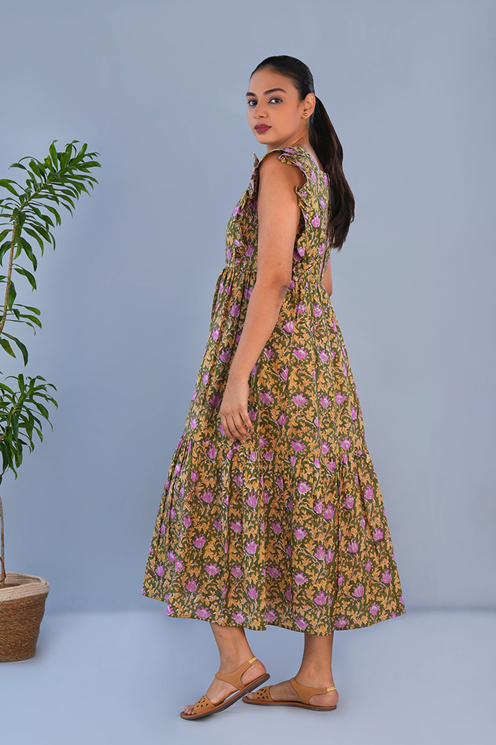 Image of Green Floral hand printed pure cotton long dress