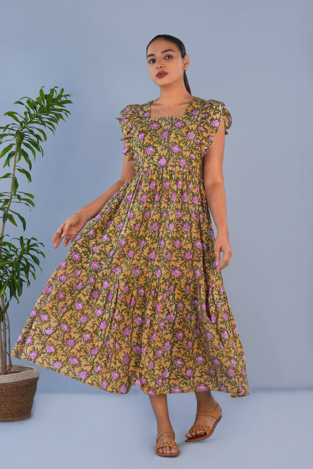 Image of Green Floral hand printed pure cotton long dress