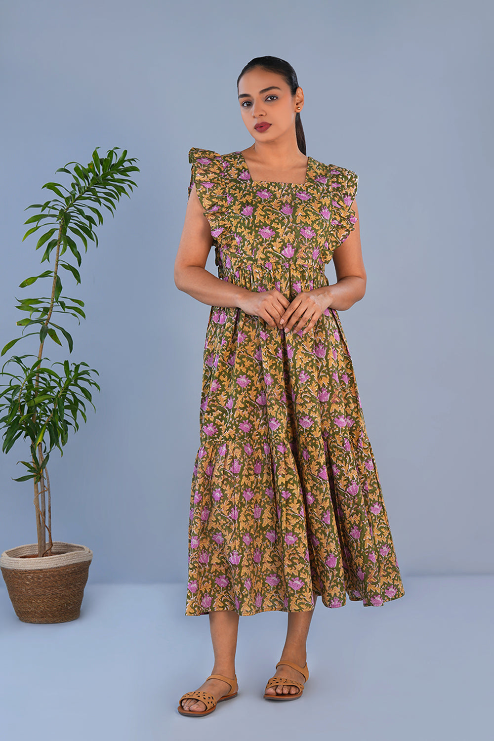 Image of Green Floral hand printed pure cotton long dress