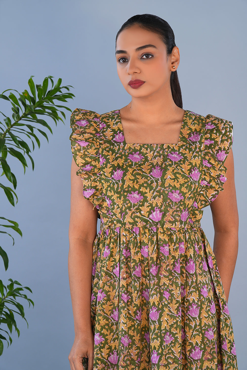 Image of Green Floral hand printed pure cotton long dress