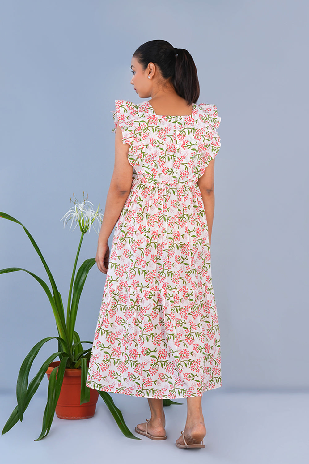 Image of White Floral block printed pure cotton long dress