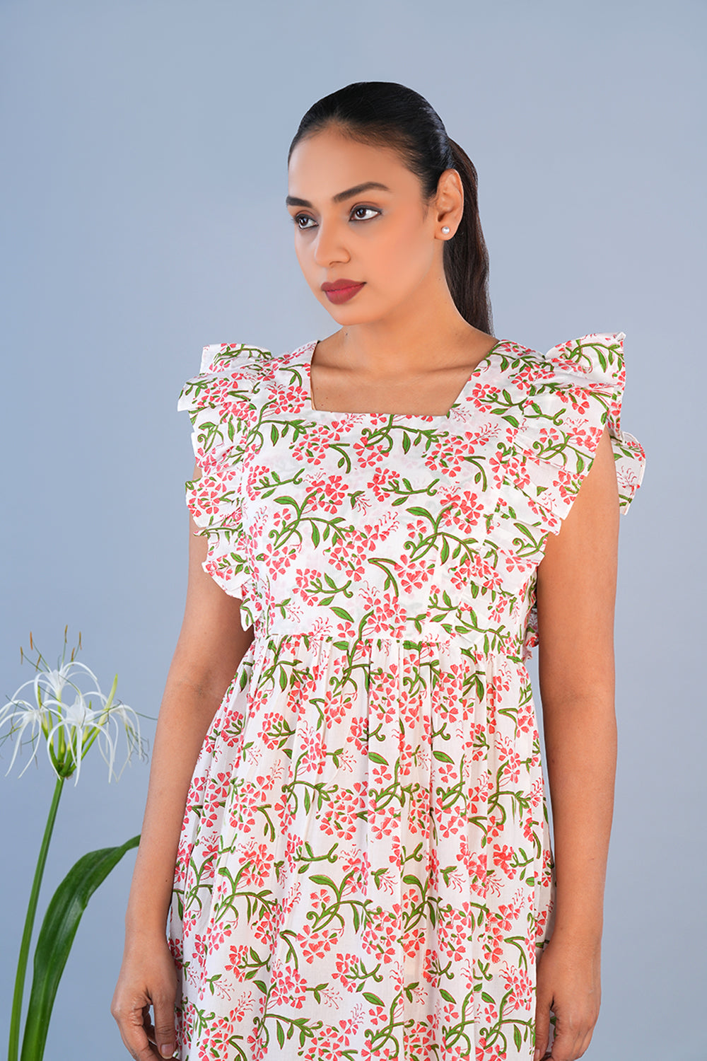 Image of White Floral block printed pure cotton long dress