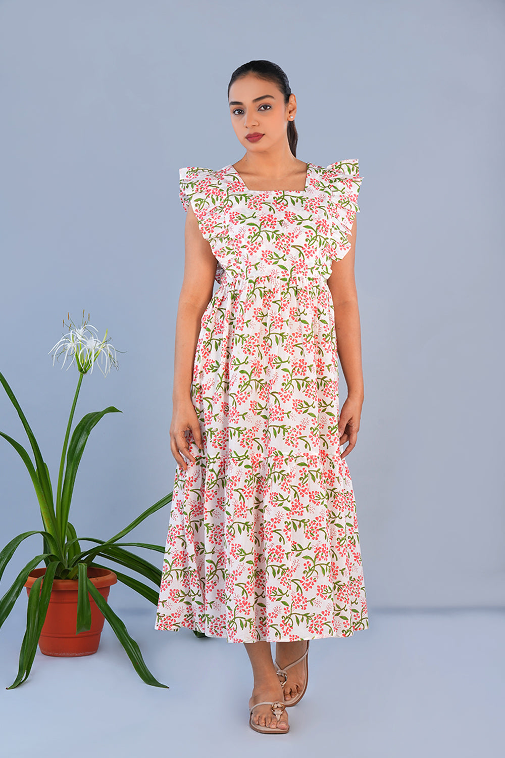Image of White Floral block printed pure cotton long dress