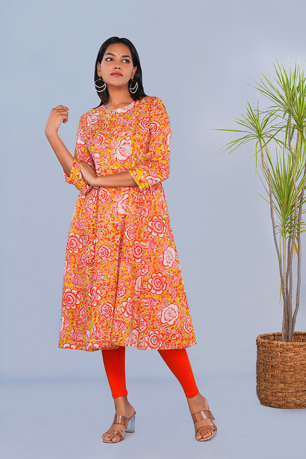 Image of Yellow & Red Floral block printed Panelled Kurta