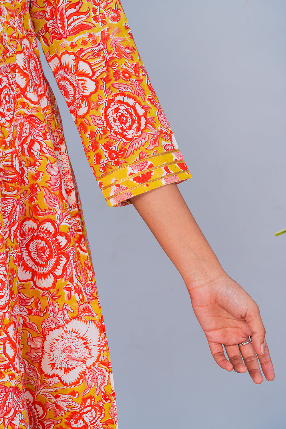 Image of Yellow & Red Floral block printed Panelled Kurta