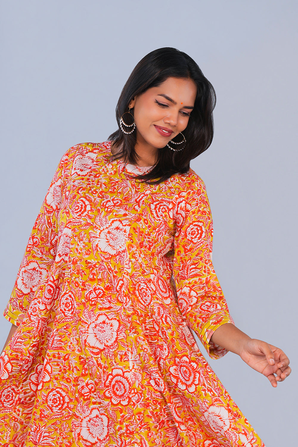 Image of Yellow & Red Floral block printed Panelled Kurta