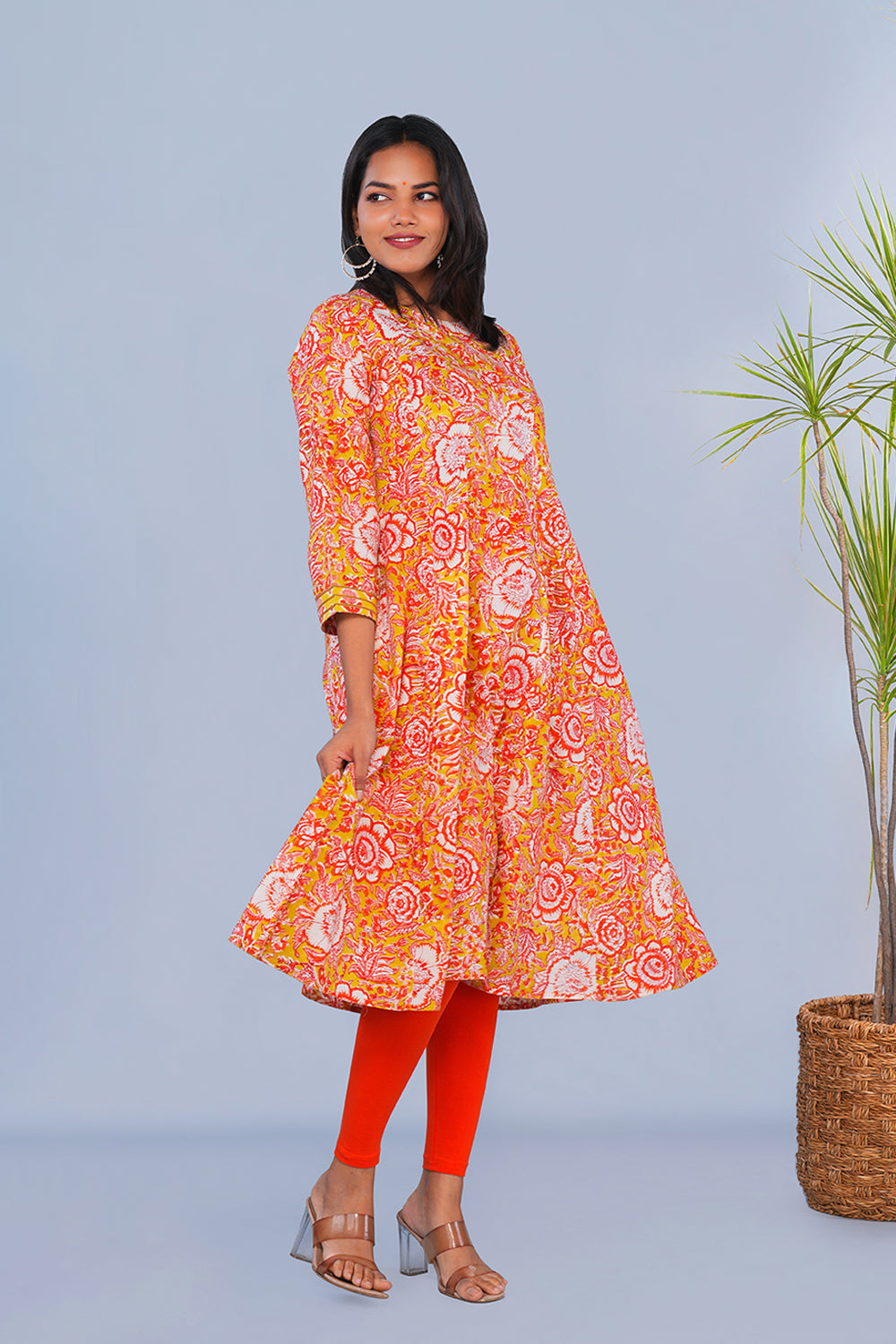 Image of Yellow & Red Floral block printed Panelled Kurta