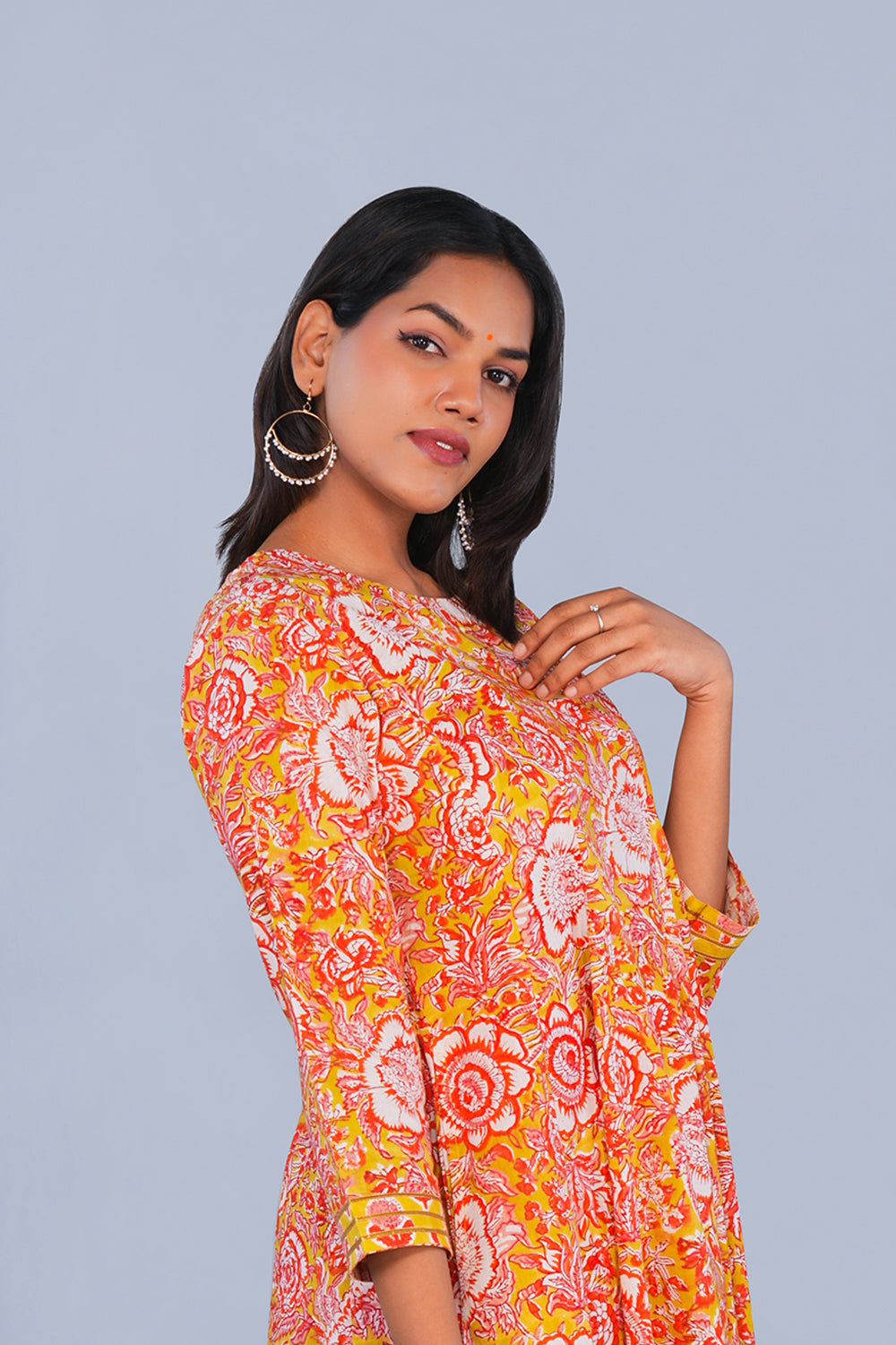 Image of Yellow & Red Floral block printed Panelled Kurta