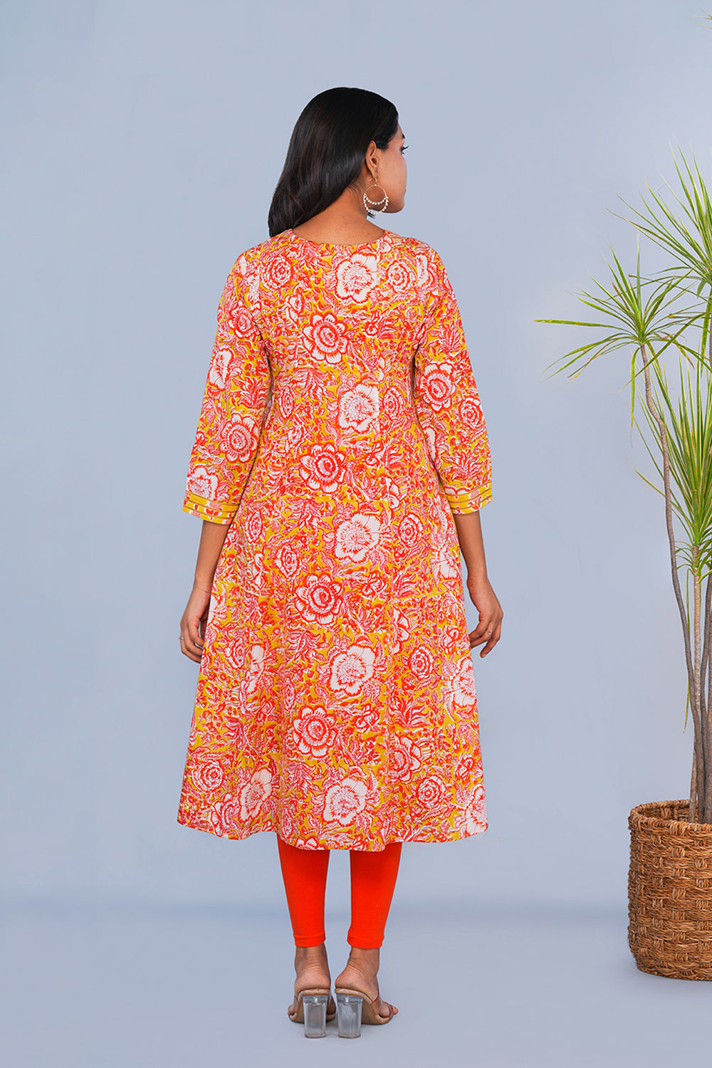 Image of Yellow & Red Floral block printed Panelled Kurta