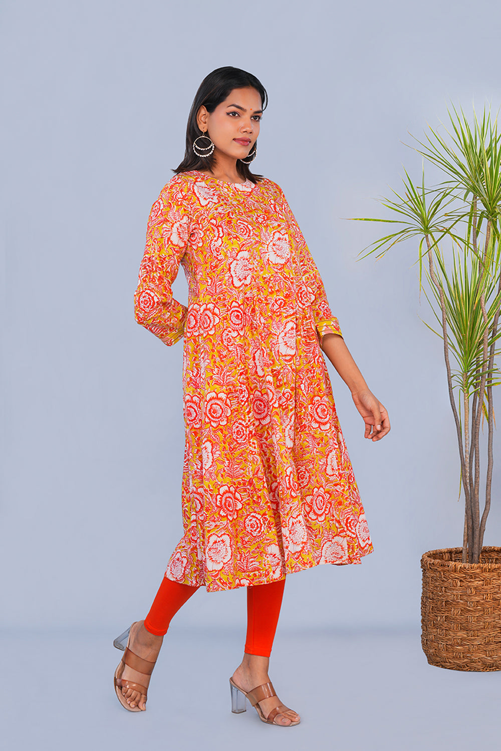 Image of Yellow & Red Floral block printed Panelled Kurta