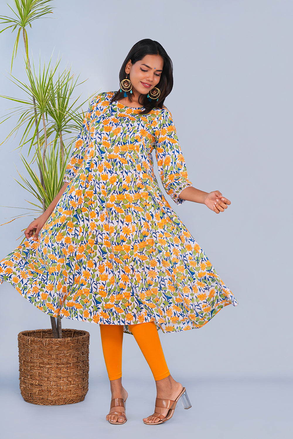 Image of White & Yellow Floral block printed Panelled Kurta