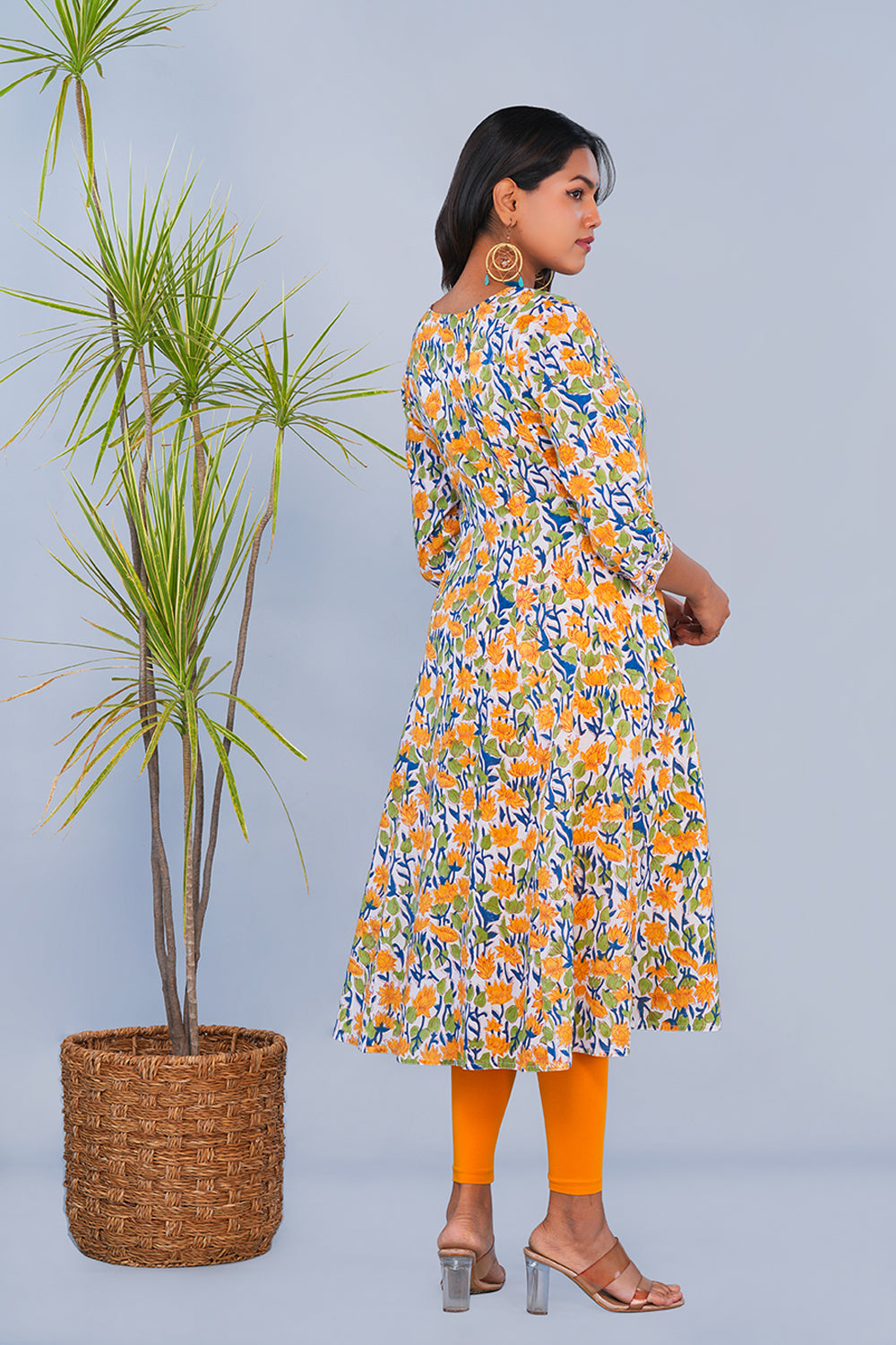 Image of White & Yellow Floral block printed Panelled Kurta