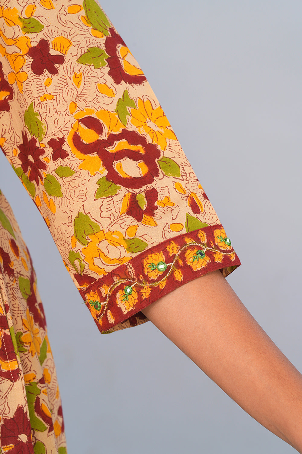 Image of Beige & Yellow Floral block printed Panelled Kurta