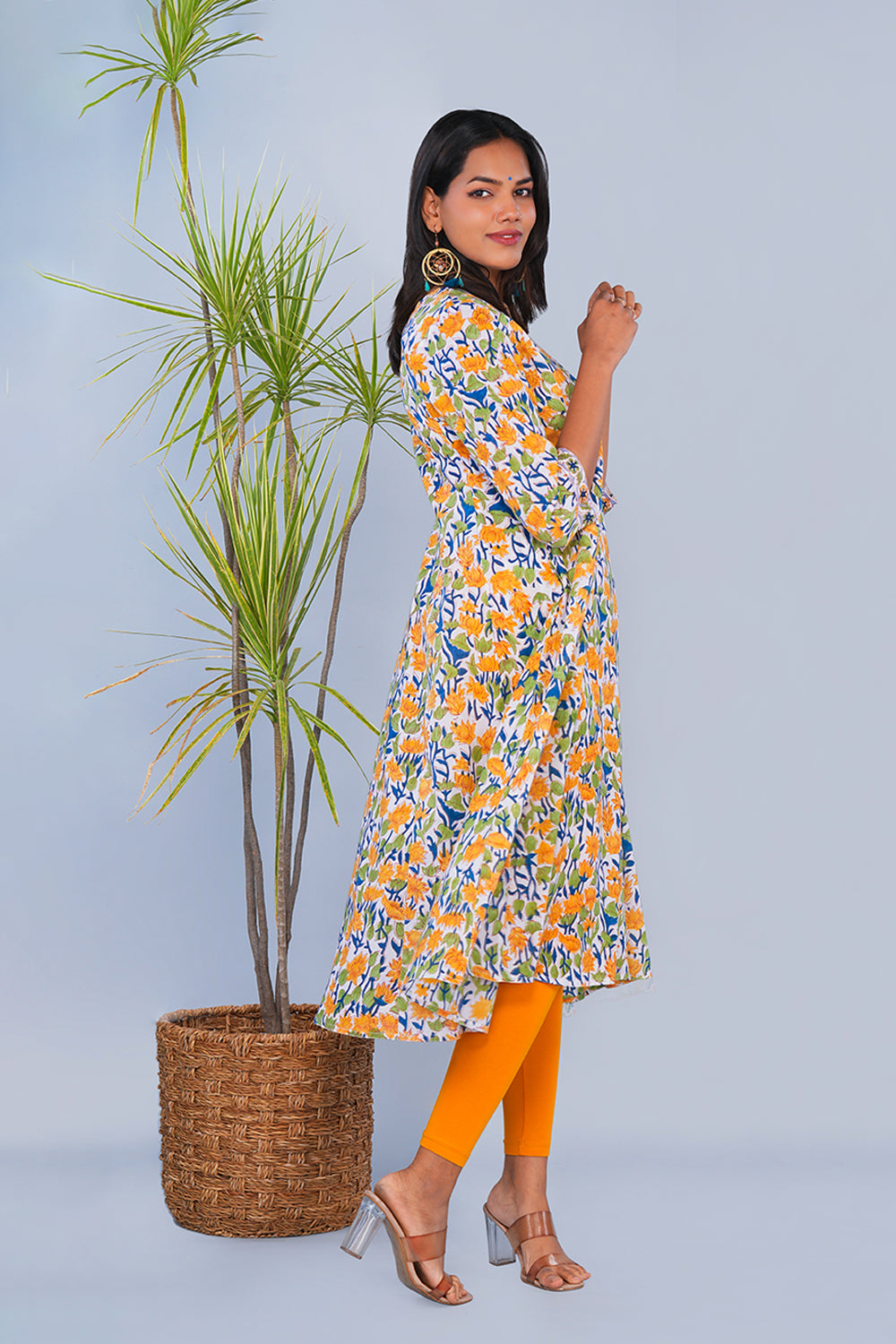 Image of White & Yellow Floral block printed Panelled Kurta