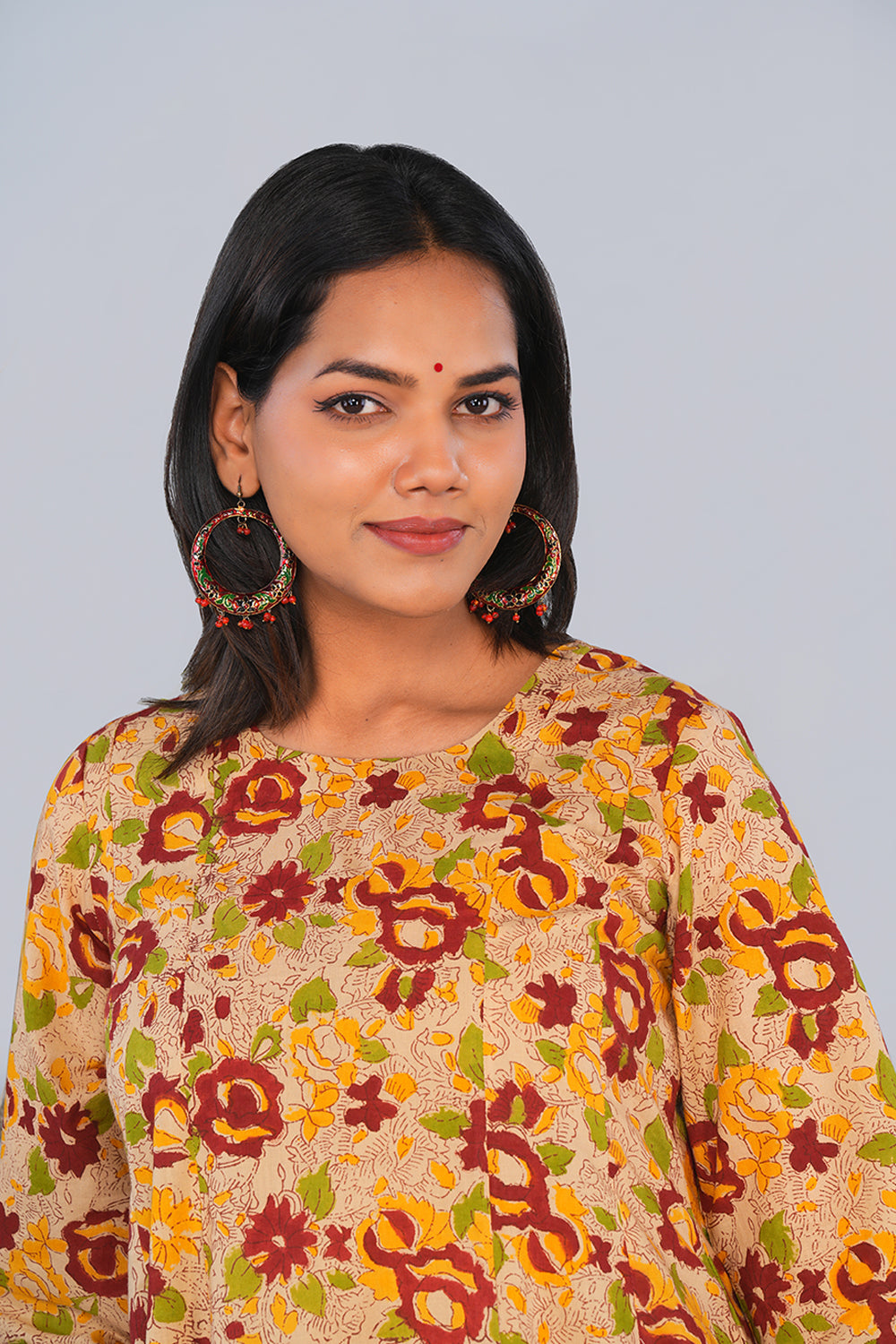 Image of Beige & Yellow Floral block printed Panelled Kurta