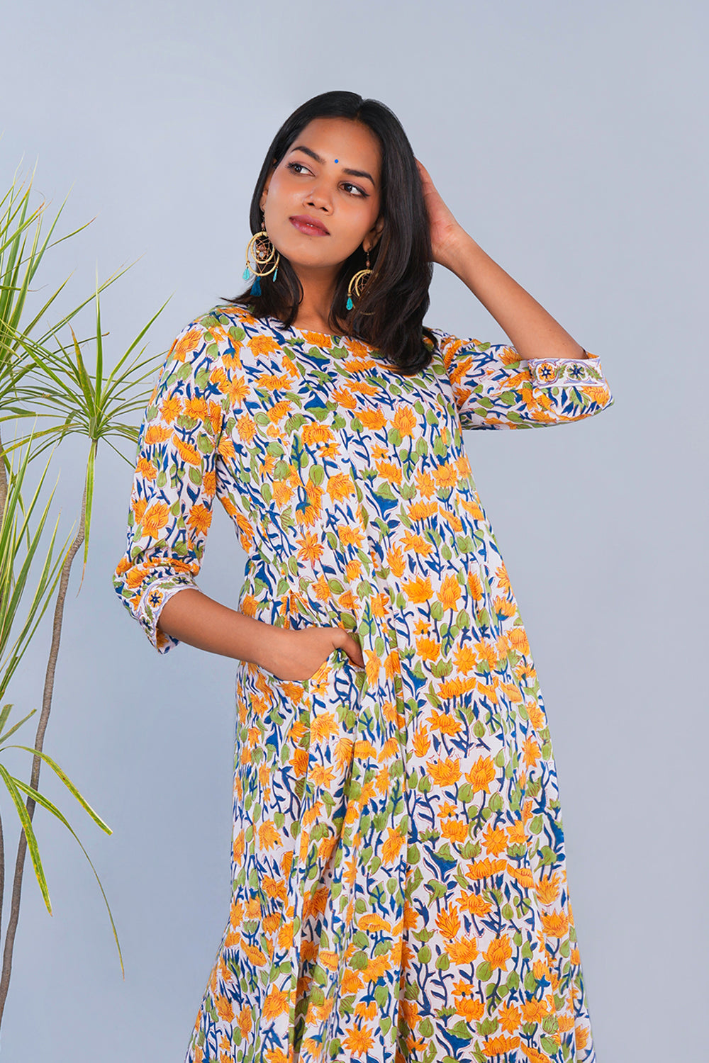 Image of White & Yellow Floral block printed Panelled Kurta