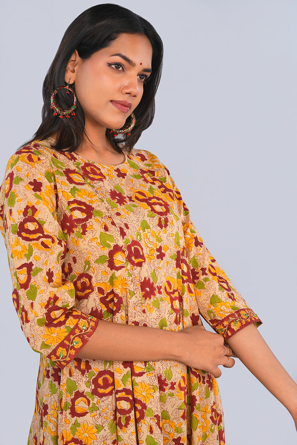 Image of Beige & Yellow Floral block printed Panelled Kurta