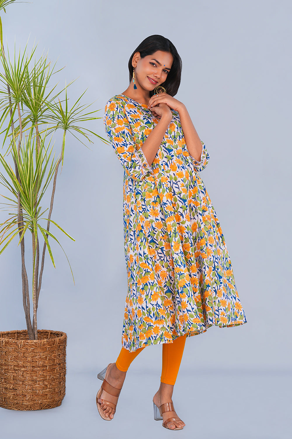 Image of White & Yellow Floral block printed Panelled Kurta