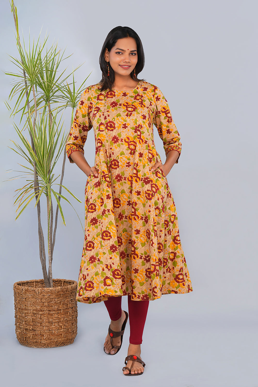 Image of Beige & Yellow Floral block printed Panelled Kurta