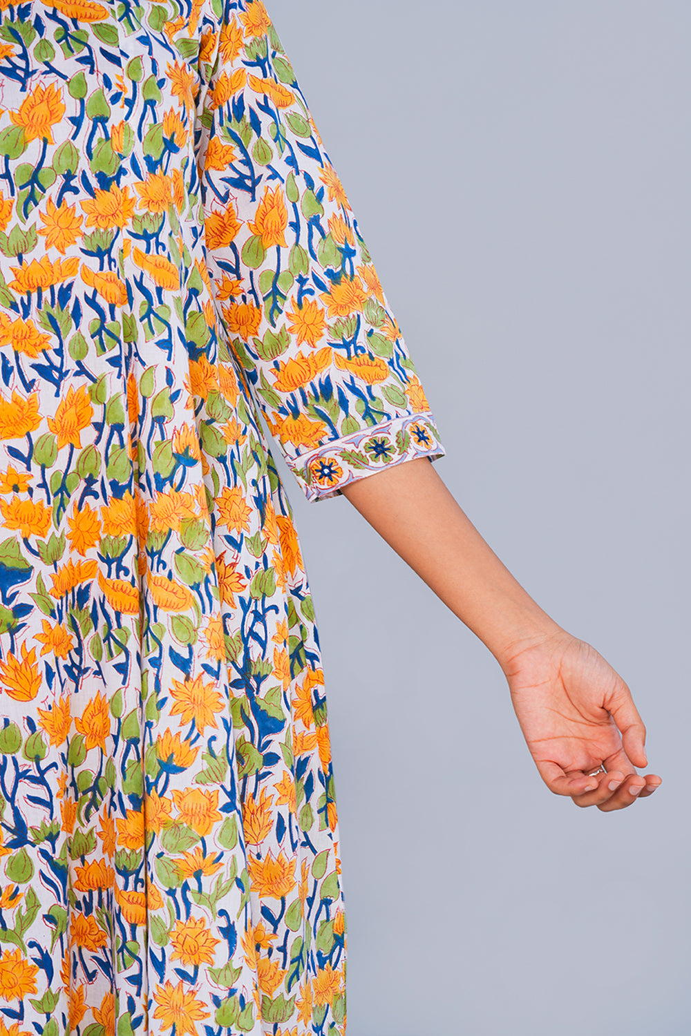 Image of White & Yellow Floral block printed Panelled Kurta