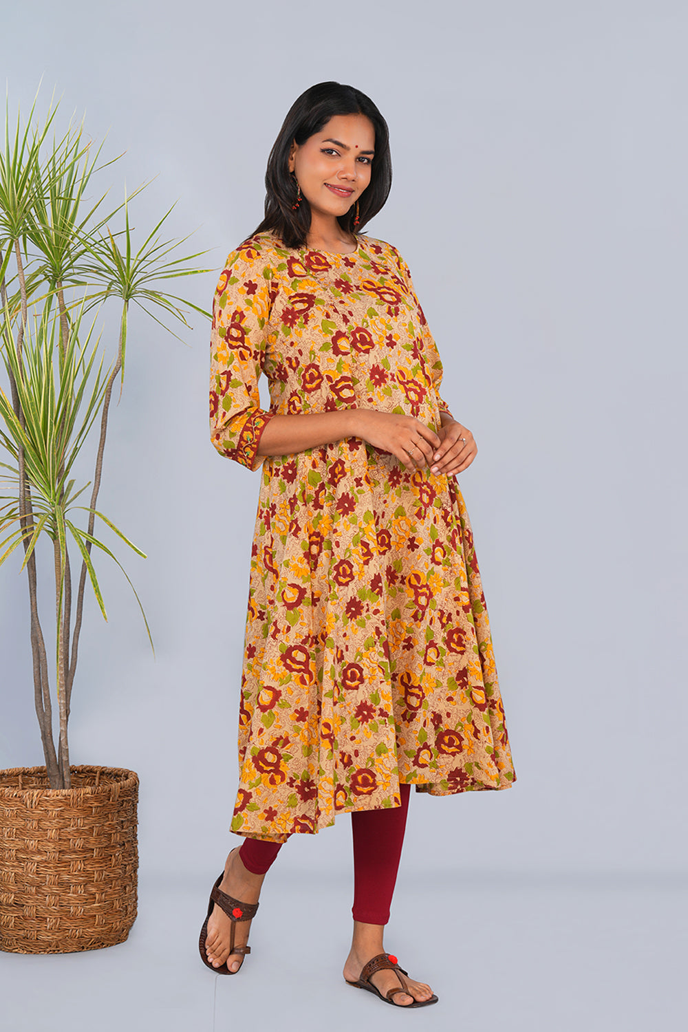 Image of Beige & Yellow Floral block printed Panelled Kurta