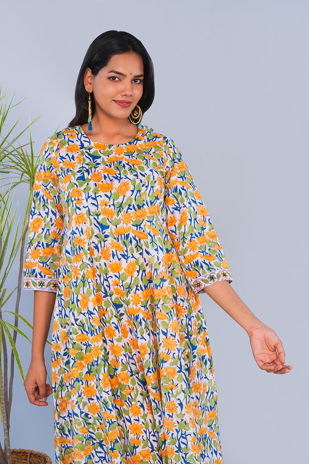 Image of White & Yellow Floral block printed Panelled Kurta