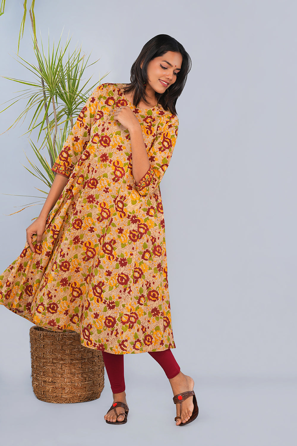 Image of Beige & Yellow Floral block printed Panelled Kurta