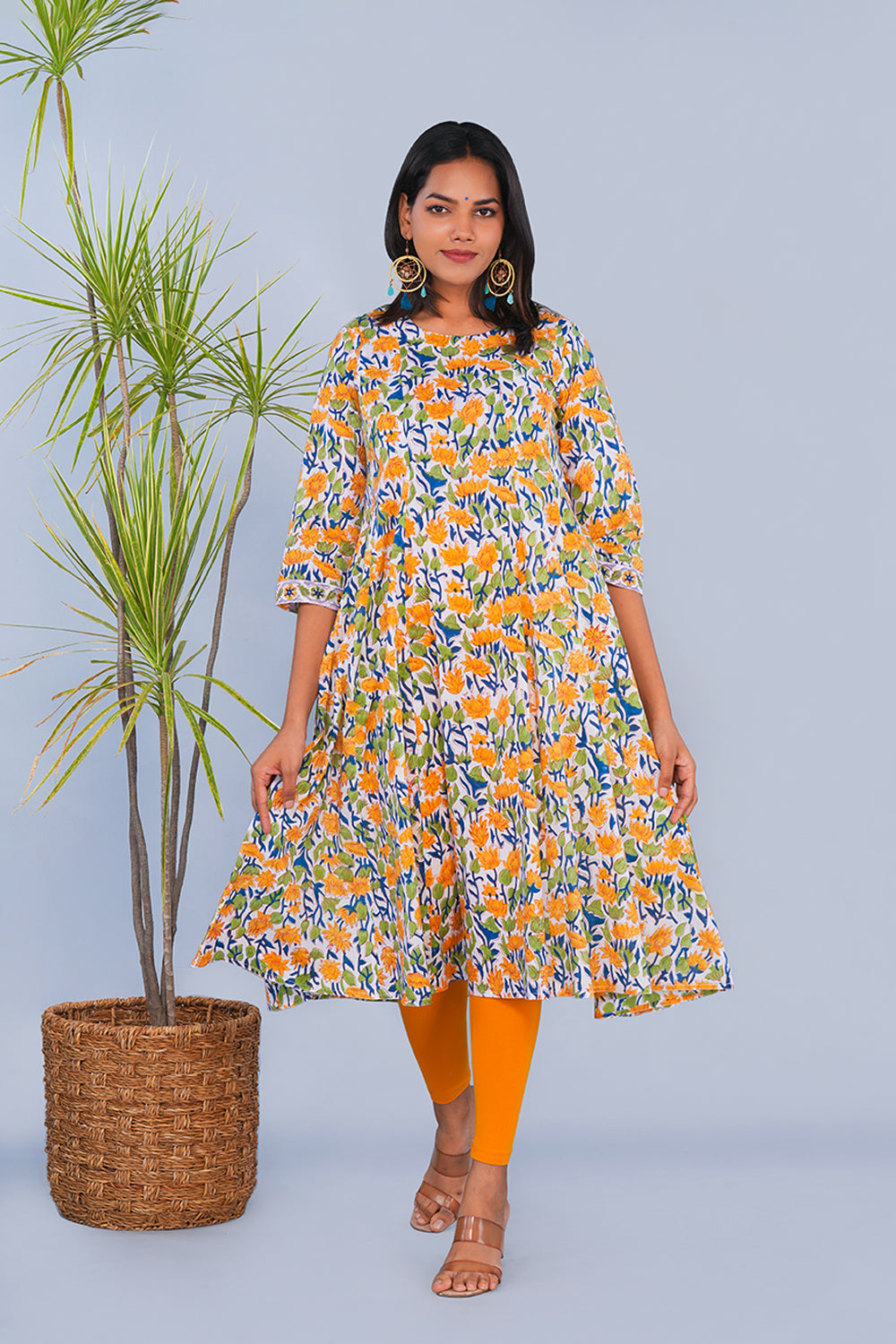 Image of White & Yellow Floral block printed Panelled Kurta