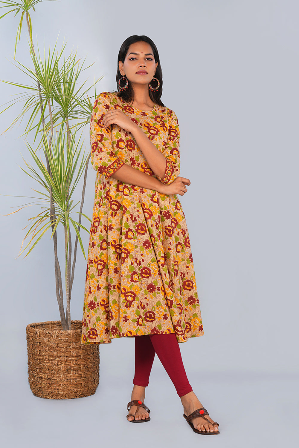 Image of Beige & Yellow Floral block printed Panelled Kurta